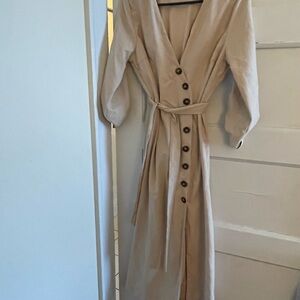 Lulu's Beige Long Sleeve Button-Down Dress